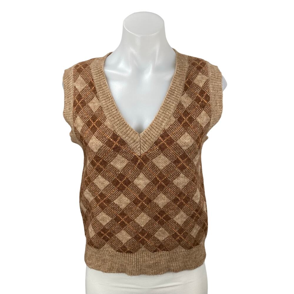 Just In Women's Tan Brown Argyle Plaid Sleeveless V Neck Sweater Vest Top Size S